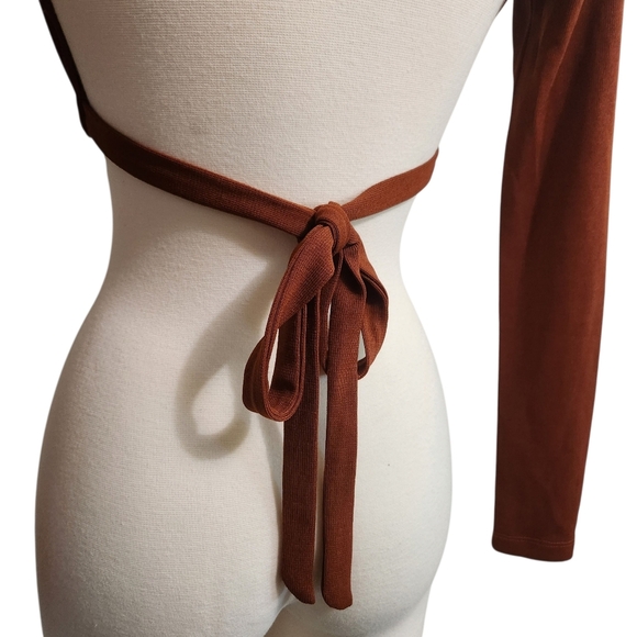 PRINCESS POLLY CATI LONG SLEEVE CROPPED TOP BROWN SZ 0 - Picture 4 of 8